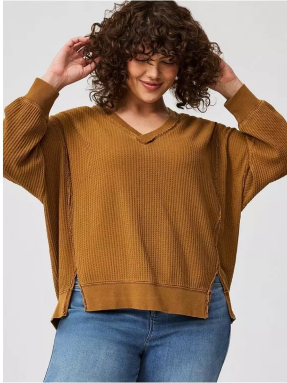 Torrid Oversized Thermal Waffle Knit V-Neck Shirt Boho Brown 2X